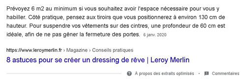 Featured Snippets : tout savoir pour les décrocher 11 FS texte article dressing leroy merlin