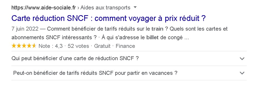 Balise title : tout ce qu'il faut savoir pour bien la rédiger 3 Etxrait d'un résultat Google avec balise title et rich snippet