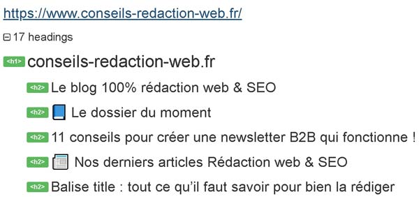 Rédacteur freelance : mes 7 outils indispensables 8 Extension Web Developer : affichage des titres Hn d'une page