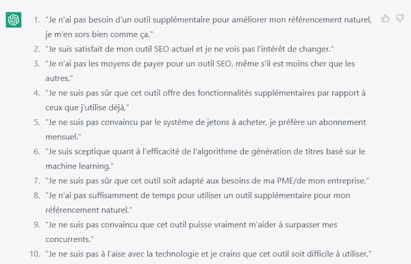 Les meilleurs prompts ChatGPT pour vos emailings 10 output objections de la cible - email marketing par chatgpt