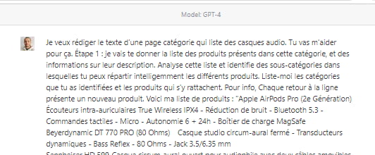 ChatGPT-4 et e-commerce : process pour vos pages catégorie 8 Prompt envoyé à ChatGPT-4