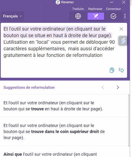 Top 3 correcteurs d’orthographe gratuits : Scribens, Reverso et ?... 7 Visualisation de la fonction Rephraser (reformulation) de Reverso