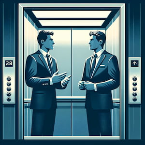 Rédacteur web débutant : 7 conseils pour trouver vos premiers clients 2 Symbole de l'elevator pitch, avec deux hommes qui discutent dans un ascenseur.