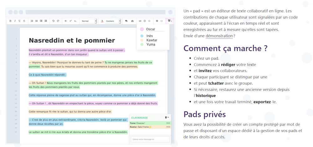 6 services en ligne permettant de rédiger des textes à plusieurs 1 Interface de Framapad