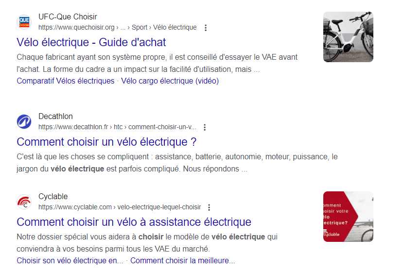 AI Writer : test complet et avis (impartial) 8 Extrait de la SERP sur la requête "choisir vélo électrique"