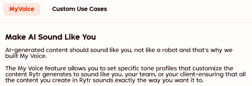 MyVoice de Rytr : créez votre Tone of Voice personnalisé 1 Fonctionnalité MyVoice de Rytr : description