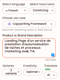 Rytr : brief copywriting AIDA