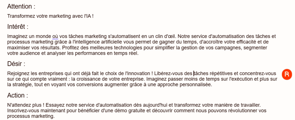 Rytr : résultats copywriting AIDA 1