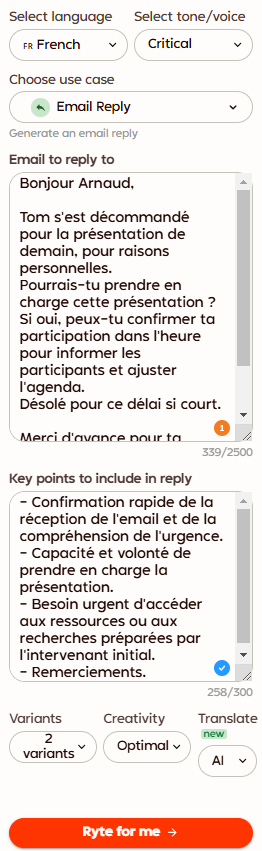 Rytr : brief email reply