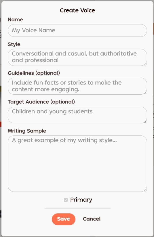 MyVoice de Rytr : créez votre Tone of Voice personnalisé 3 Fonctionnalité MyVoice de Rytr : panneau de configuration des différents champs