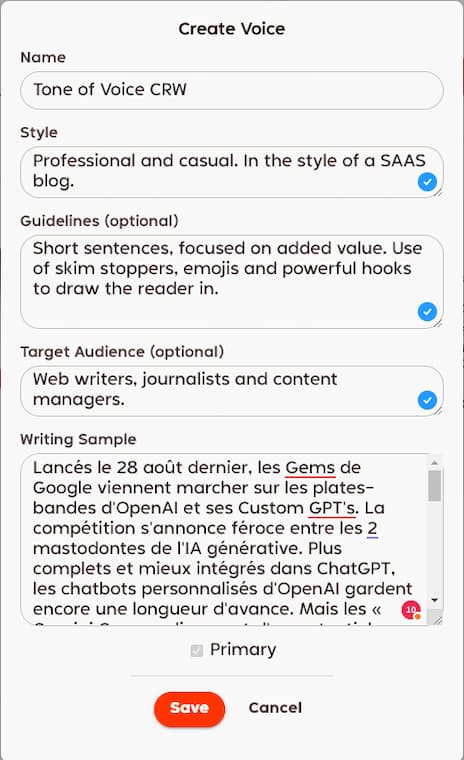 MyVoice de Rytr : créez votre Tone of Voice personnalisé 5 Fonctionnalité MyVoice de Rytr : exemple avec champs remplis