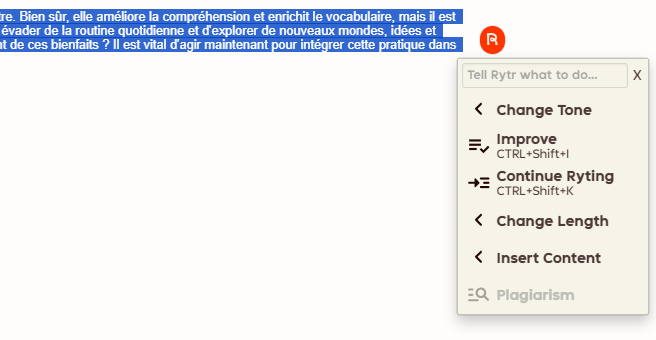 Rytr : options du menu flottant
