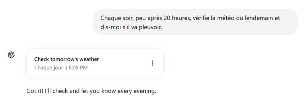 Exemple d'une task dans chagpt