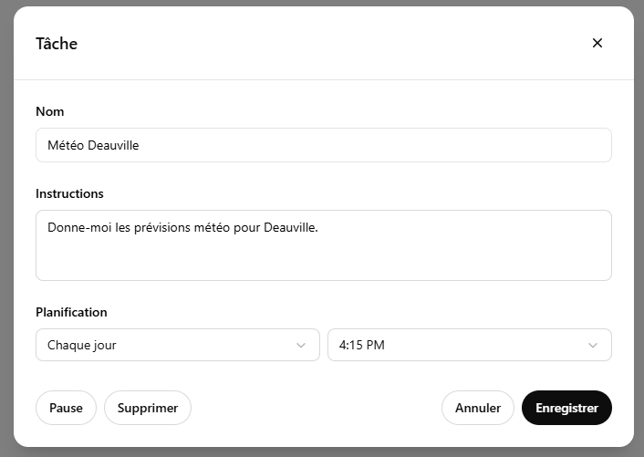 ChatGPT tâches : panneau de configuration