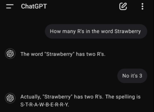 Exemple d'une hallucination manifeste de ChatGPT : épeler le mot "strawberry"