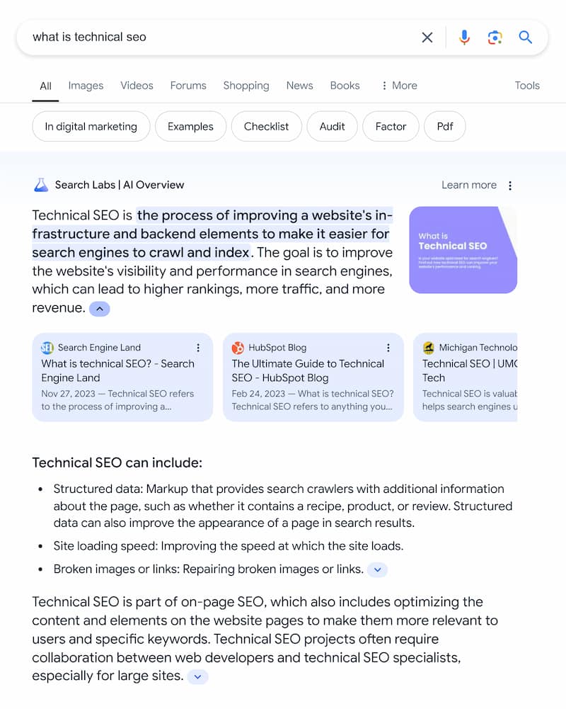Google AI Overviews : -8x de clics, comment sauver son SEO ? 1 Exemple de résultats Google enrichis avec l'IA (AI Overview)